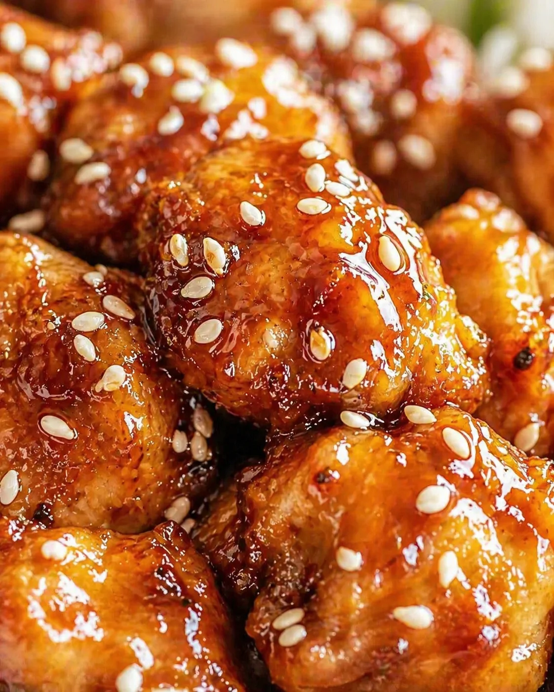 Close-up of glossy glazed chicken pieces sprinkled with white sesame seeds.