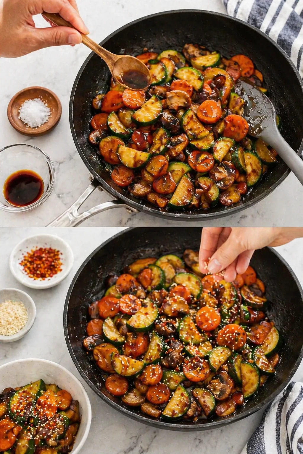 Skillet with glazed zucchini and carrot rounds, hands sprinkling sesame seeds on a marble countertop.