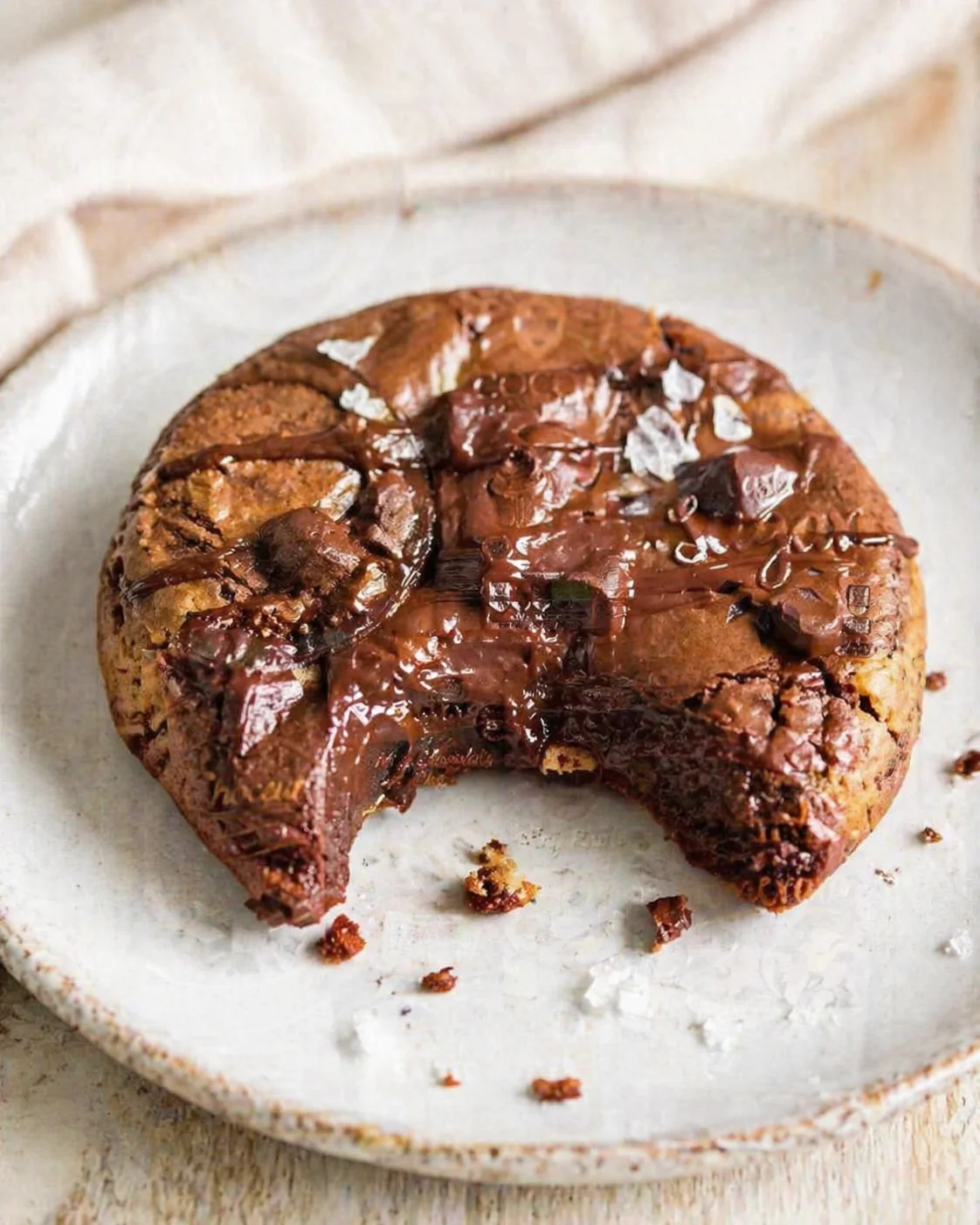 dense chocolate cake with glossy ganache and sea salt flakes on a light plate