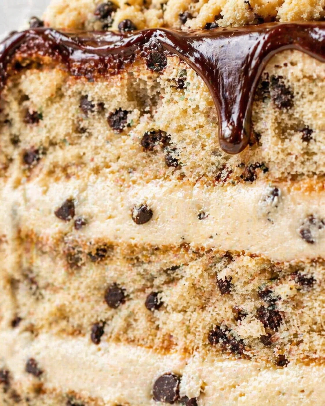 Close-up of vanilla-chocolate chip cake slice with crumb topping and glossy ganache drizzle.