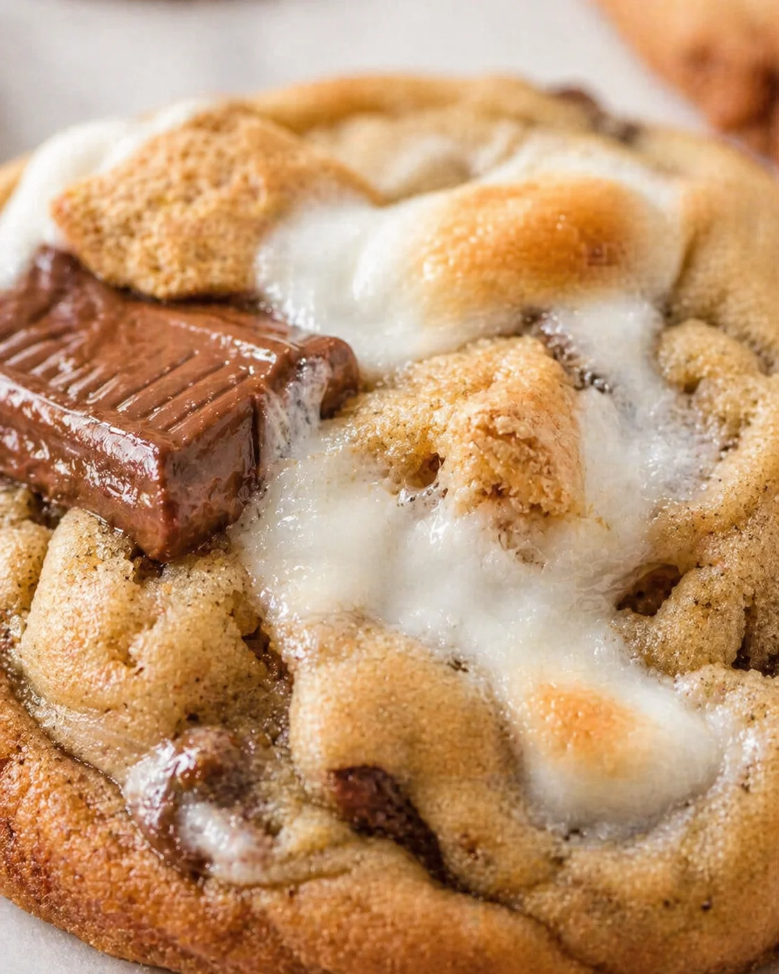 Close-up of a gooey cinnamon roll with white icing and a chocolate square.