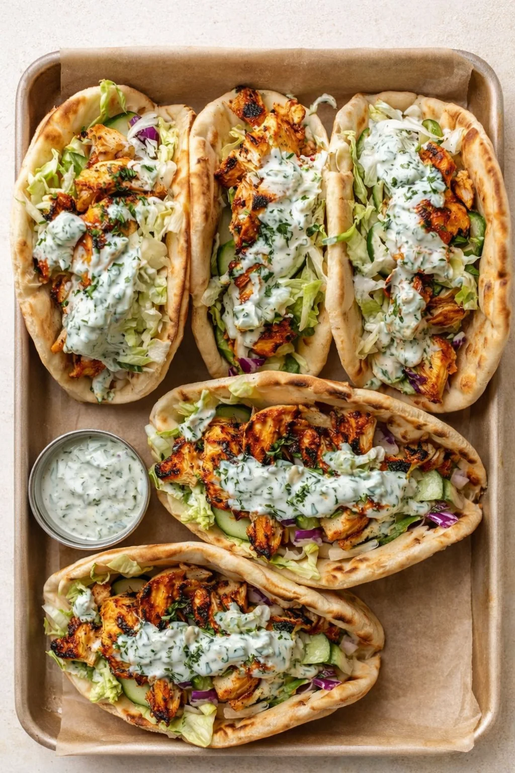 Top-down view of pita gyros filled with grilled chicken, lettuce, cucumber, onions, and tzatziki.