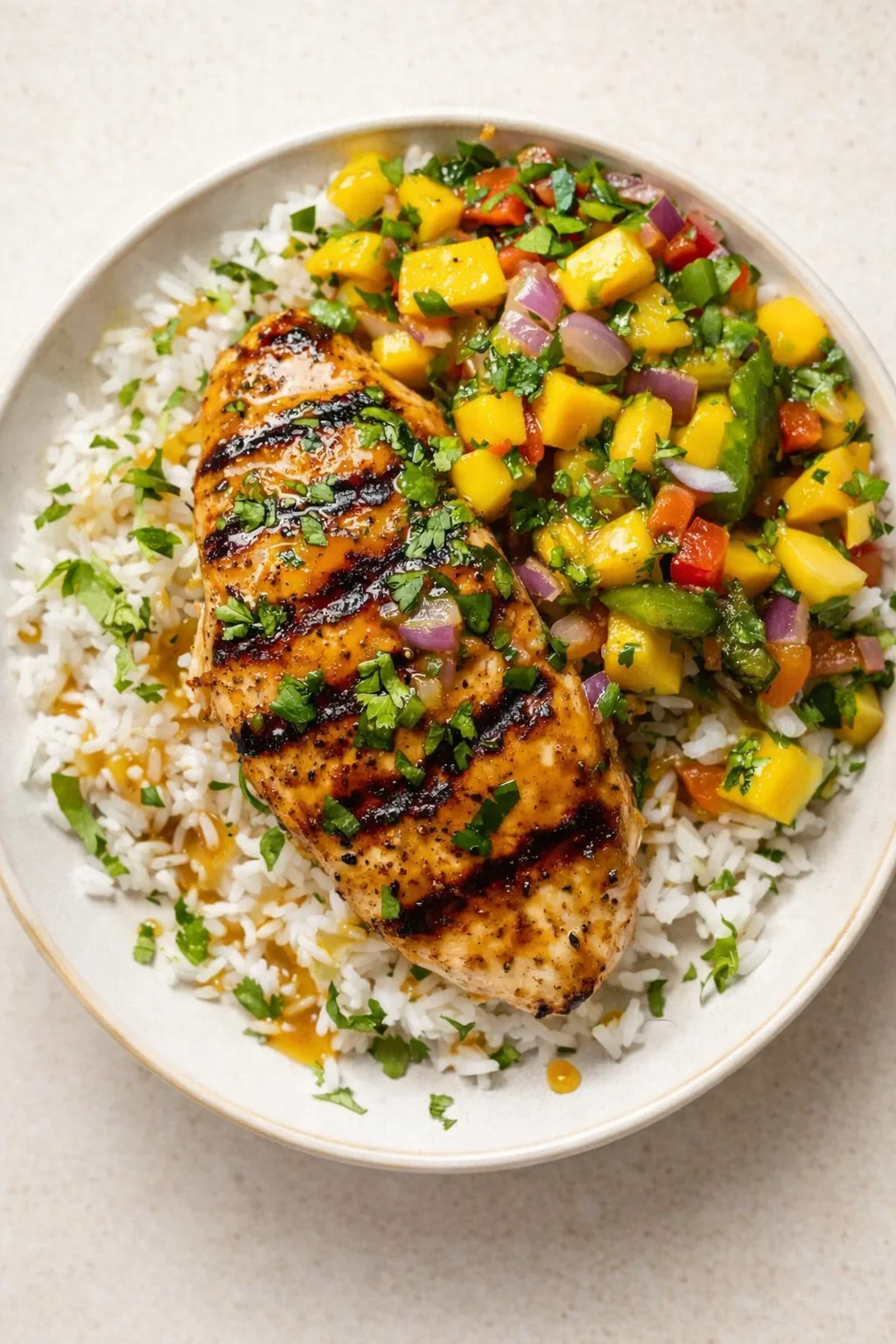grilled chicken breast atop white rice with mango salsa and cilantro garnish