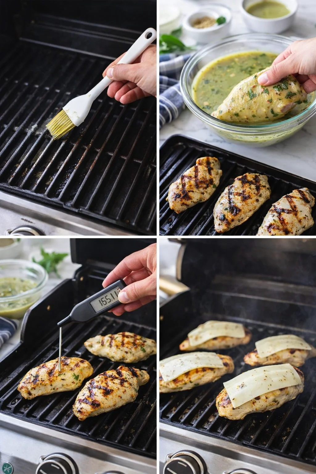 A four-panel collage shows brushing marinade onto grill, dipping chicken into herb marinade, checking temperature, and cheese-topped grilled chicken.