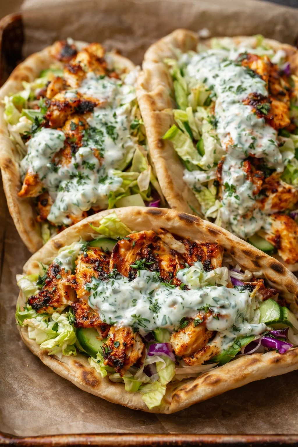 Three open-faced pita pizzas topped with grilled chicken, lettuce, cucumber, and dill yogurt sauce