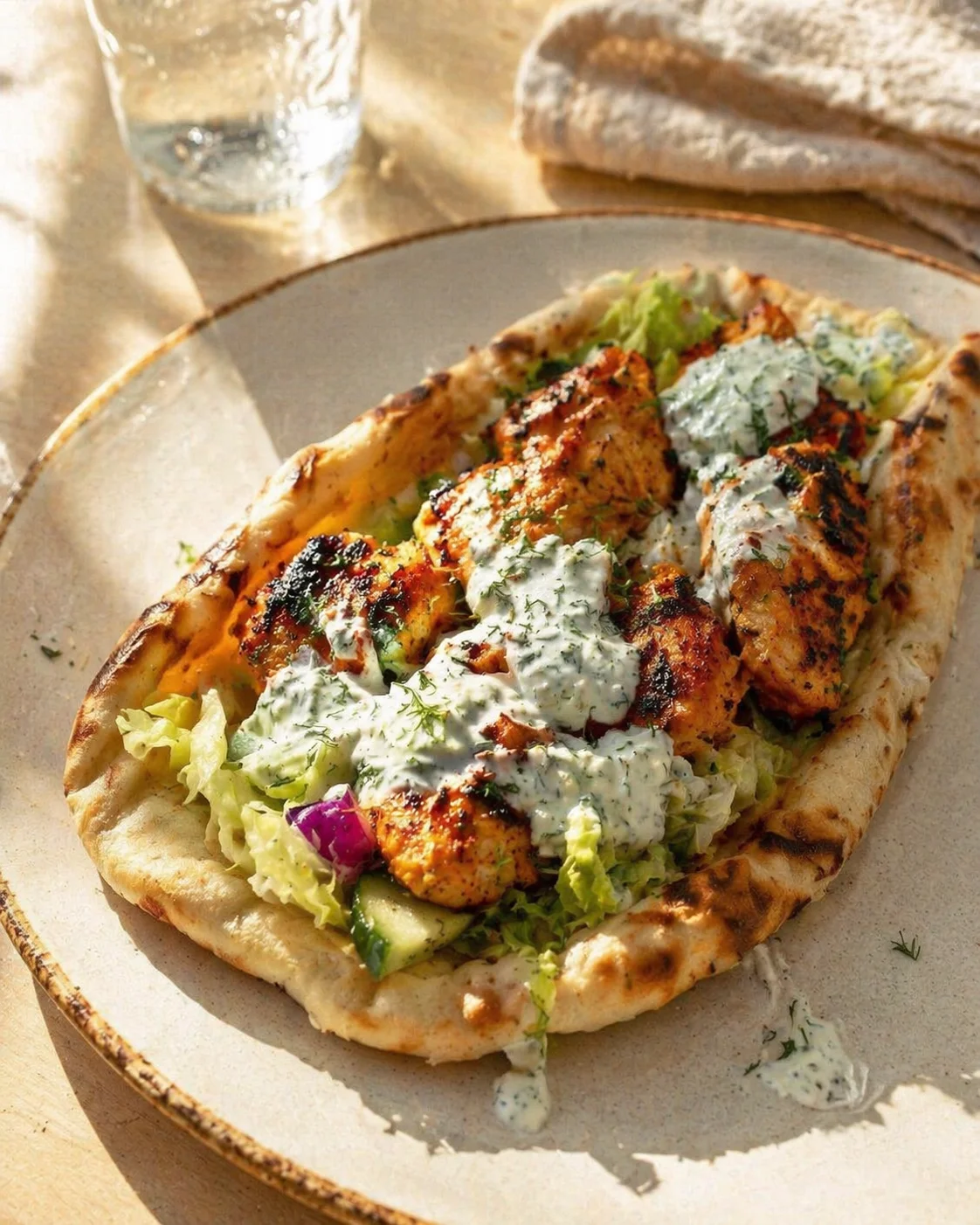 Sunlit plate with pita boat stuffed with grilled chicken, lettuce, cucumber, onion, and dill tzatziki sauce.