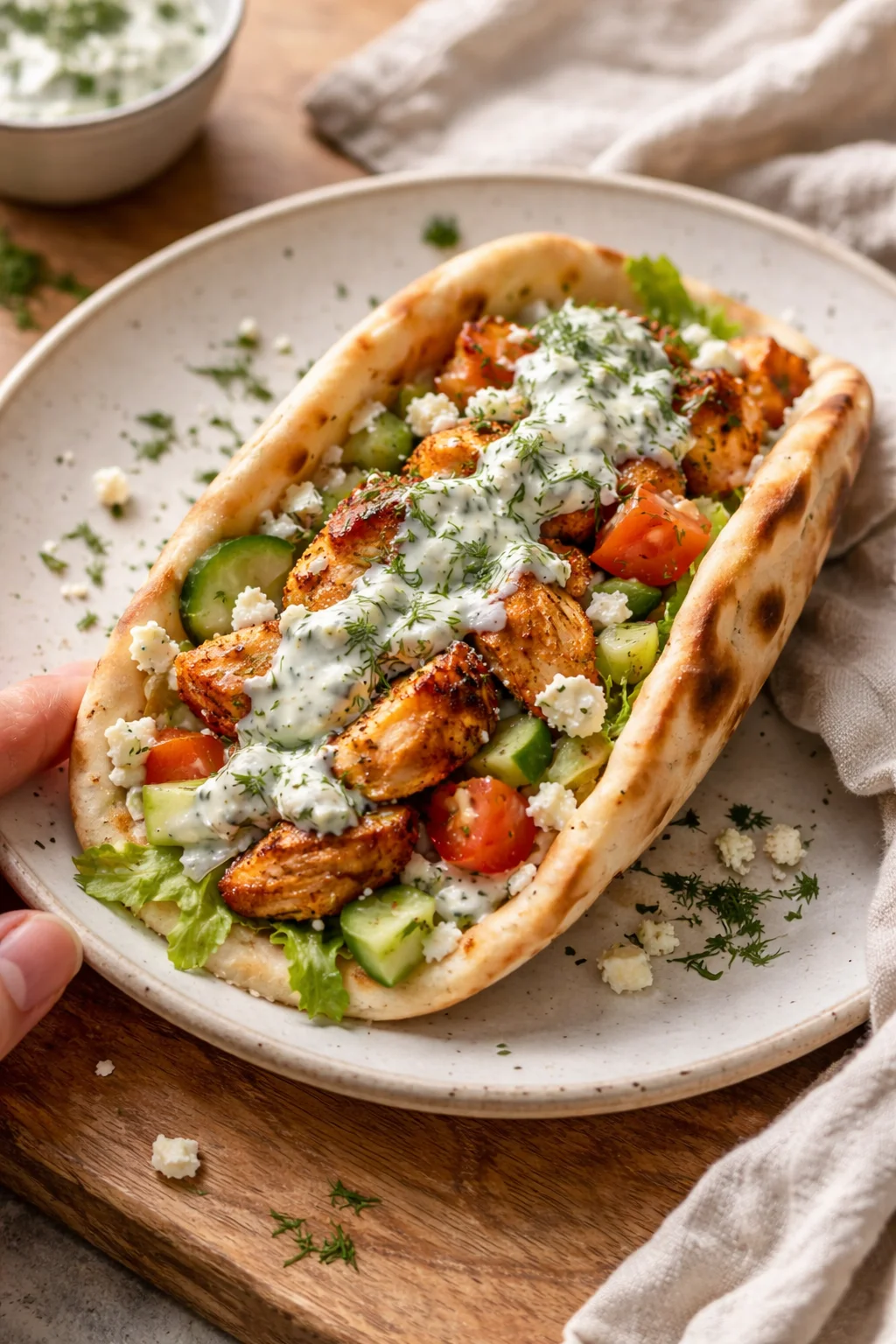 Grilled chicken in a pita boat with cucumber, tomatoes, feta, and dill-tzatziki