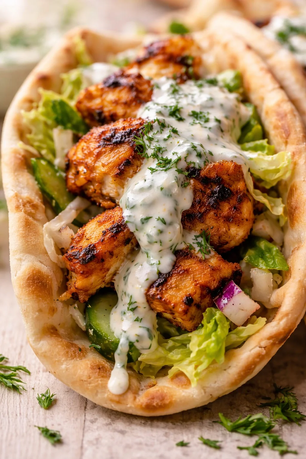 Close-up of a pita stuffed with grilled chicken, crisp greens, cucumber, and dill-tzatziki sauce.