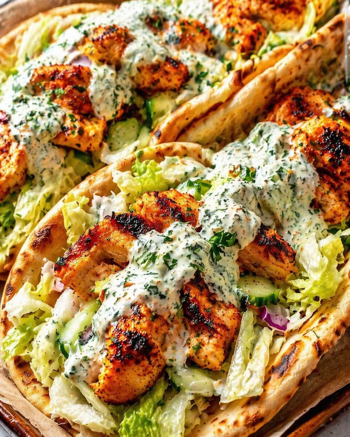 Open pita wraps filled with grilled chicken, lettuce, cucumber, red onion, and dill-tzatziki sauce.