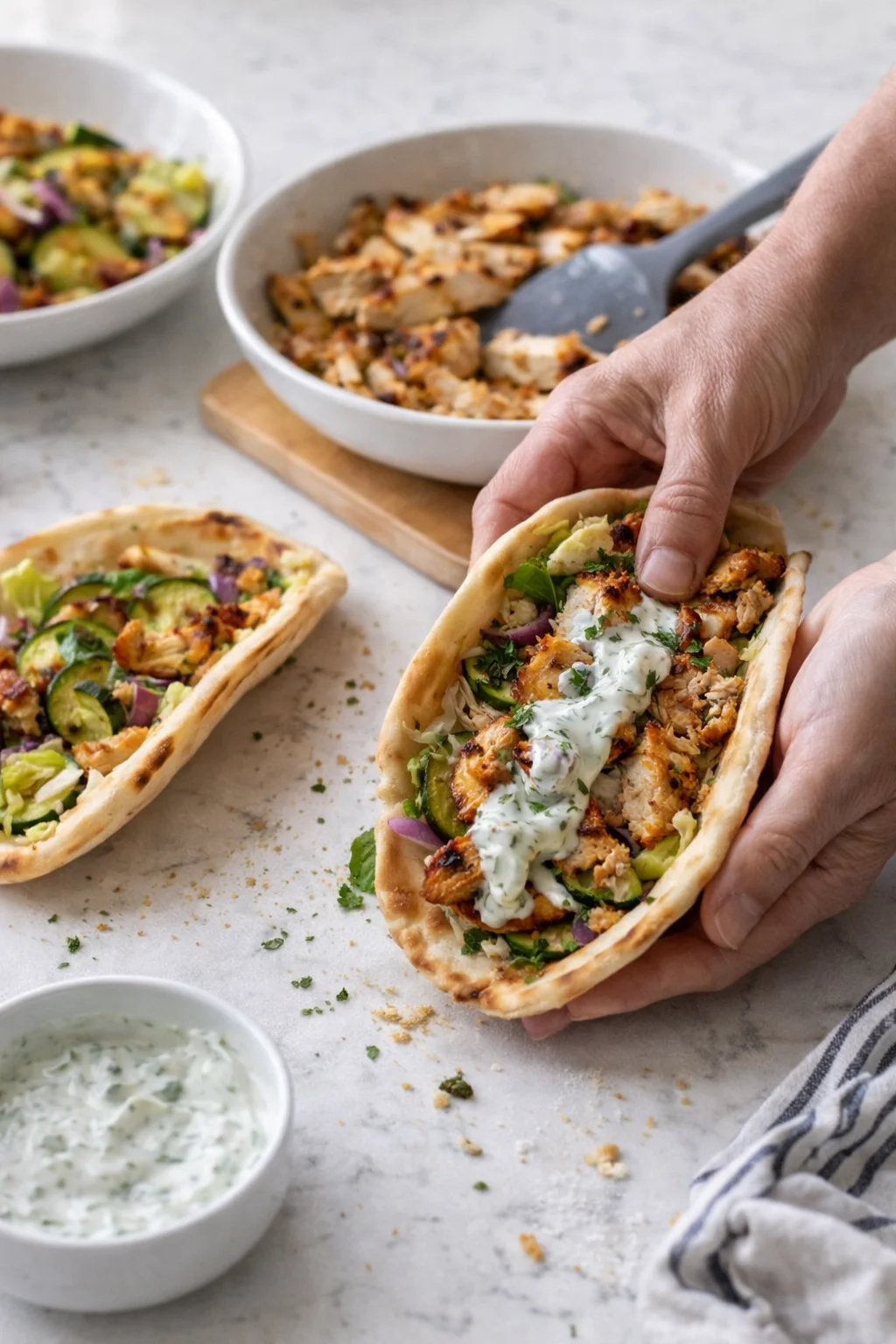 hands assembling a grilled chicken pita wrap with cucumber, herbs, and yogurt sauce.