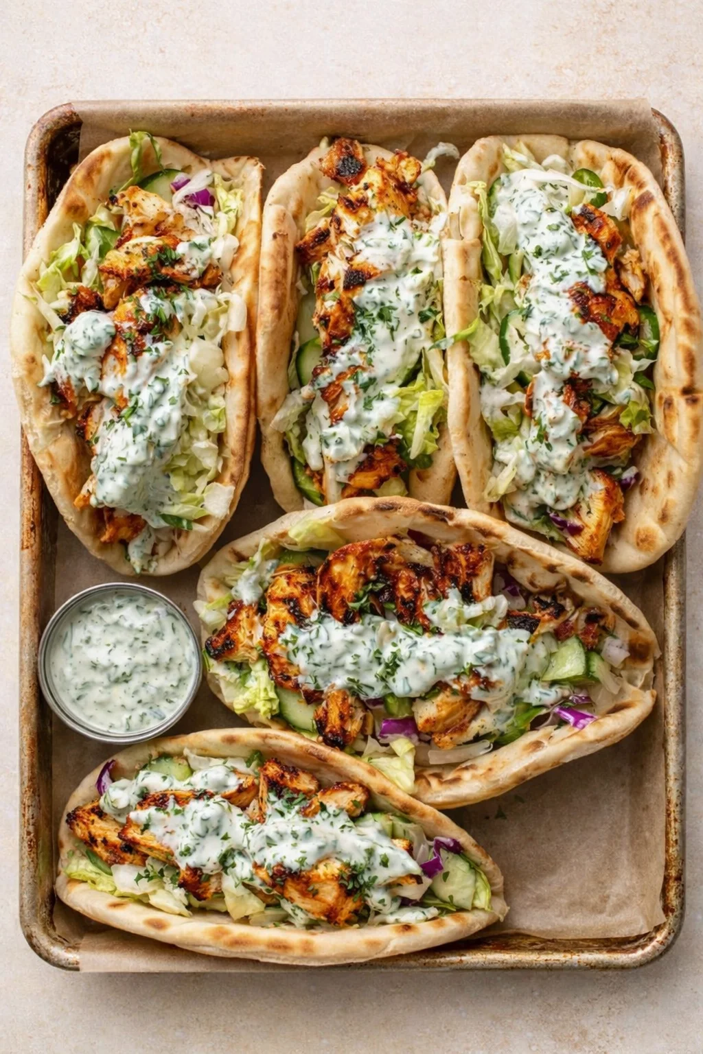 five flatbread tacos with grilled chicken, lettuce, and herbed yogurt sauce on a baking sheet
