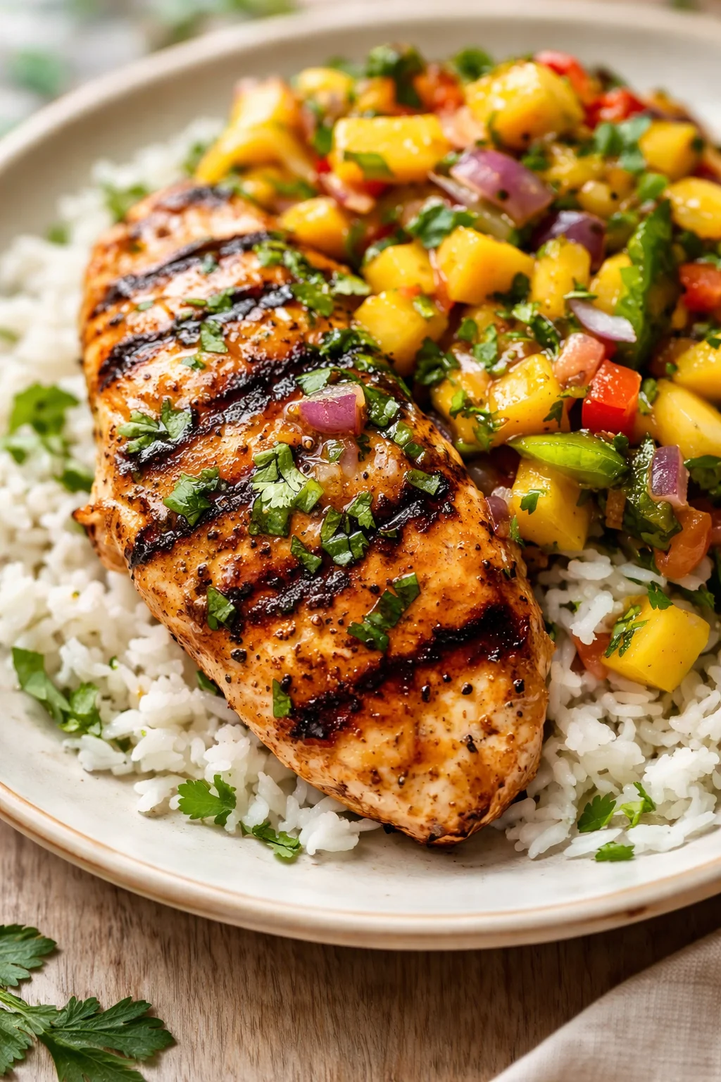 grilled chicken breast with herb garnish, served with mango salsa over white rice.