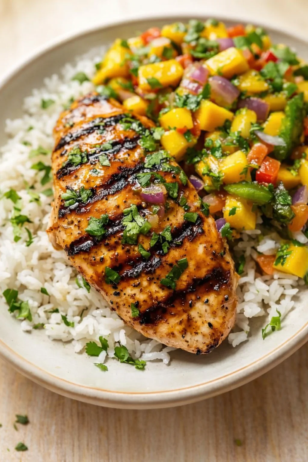 Grilled chicken on white rice with mango salsa and cilantro garnish.