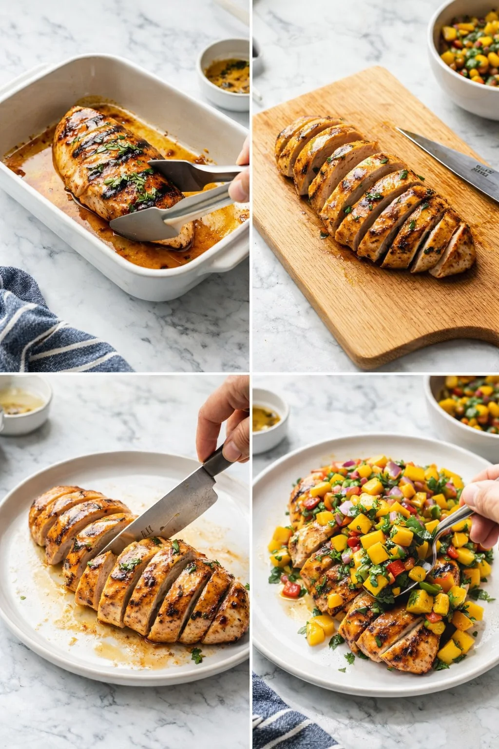 collage of glazed chicken breast sliced and served with bright mango salsa
