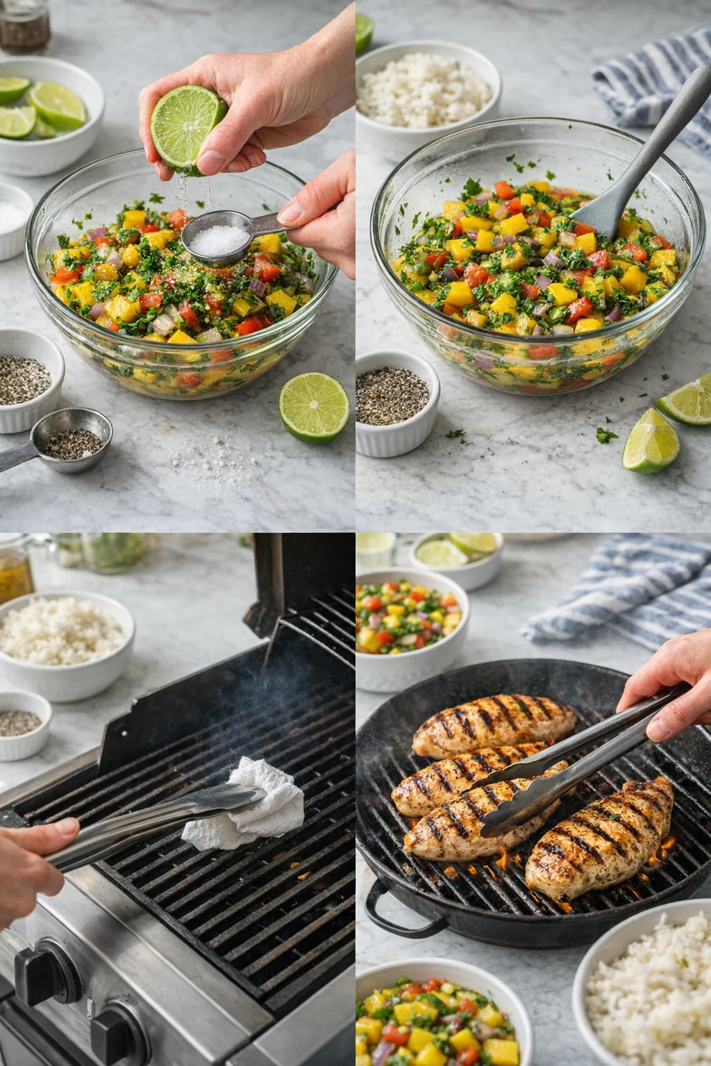 A four-panel collage showing mango salsa prep and grilled chicken on a grill.