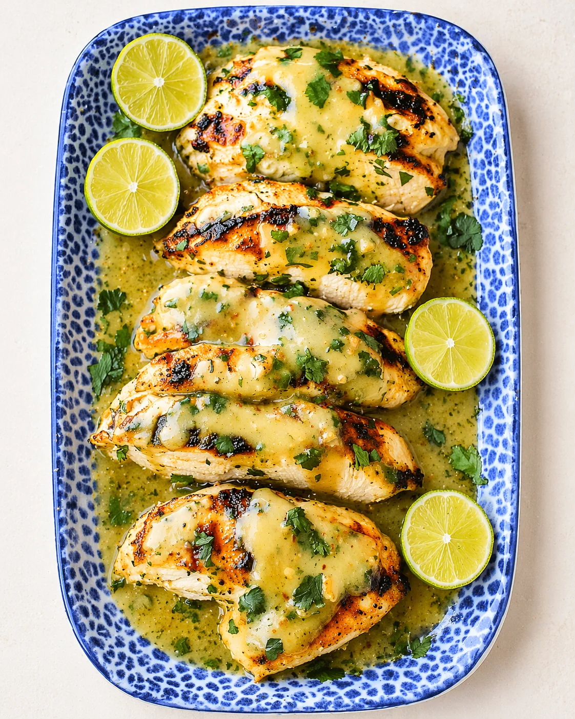 Grilled chicken breasts in an herb sauce on a blue speckled platter with lime wedges.