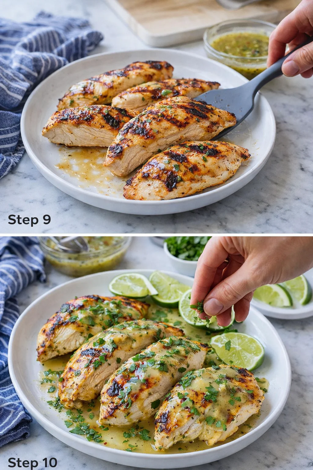two-panel image of grilled herb chicken on a white plate with sauce and lime wedges