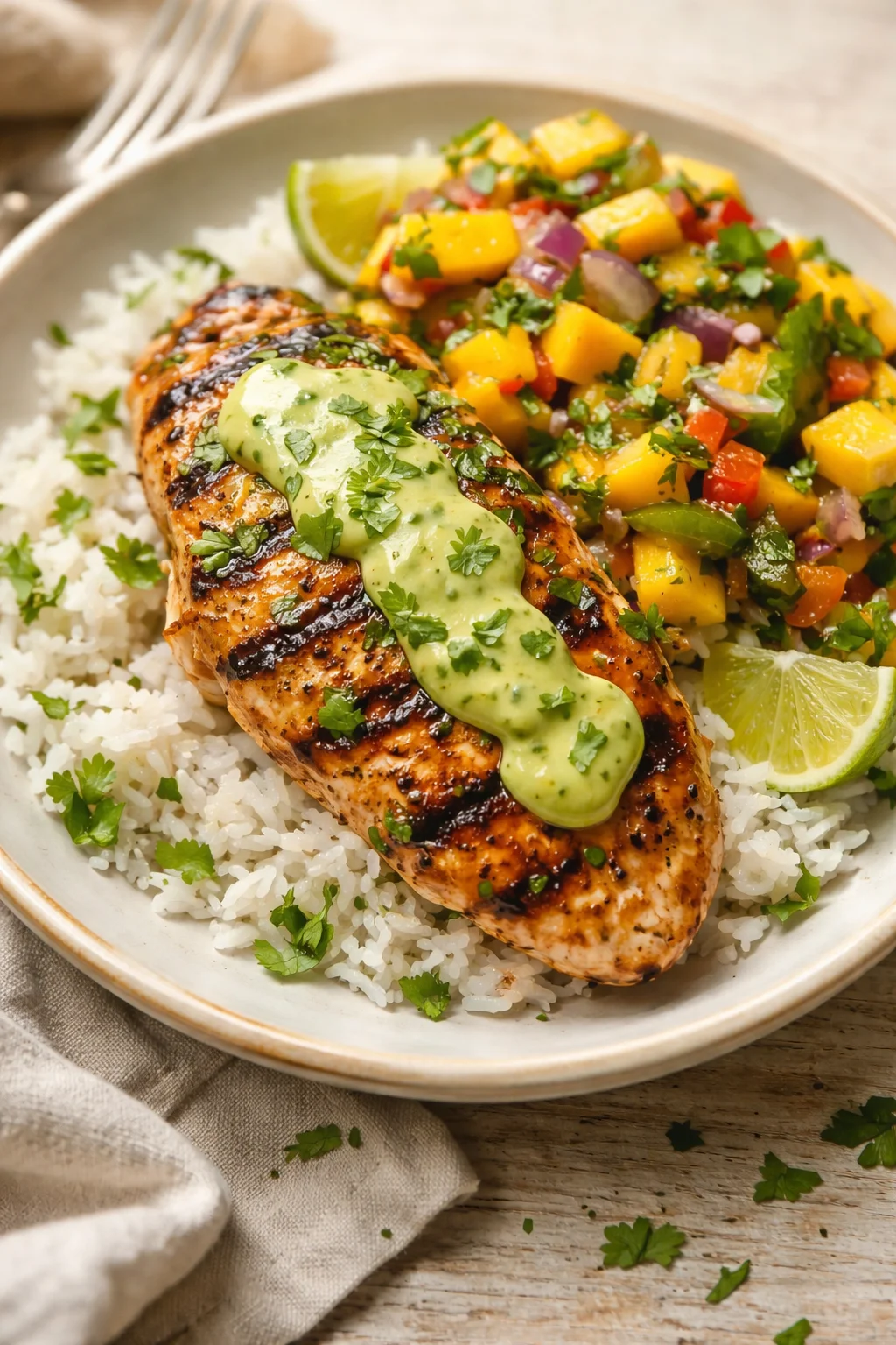 Grilled salmon with green herb sauce served over white rice with mango salsa and lime.