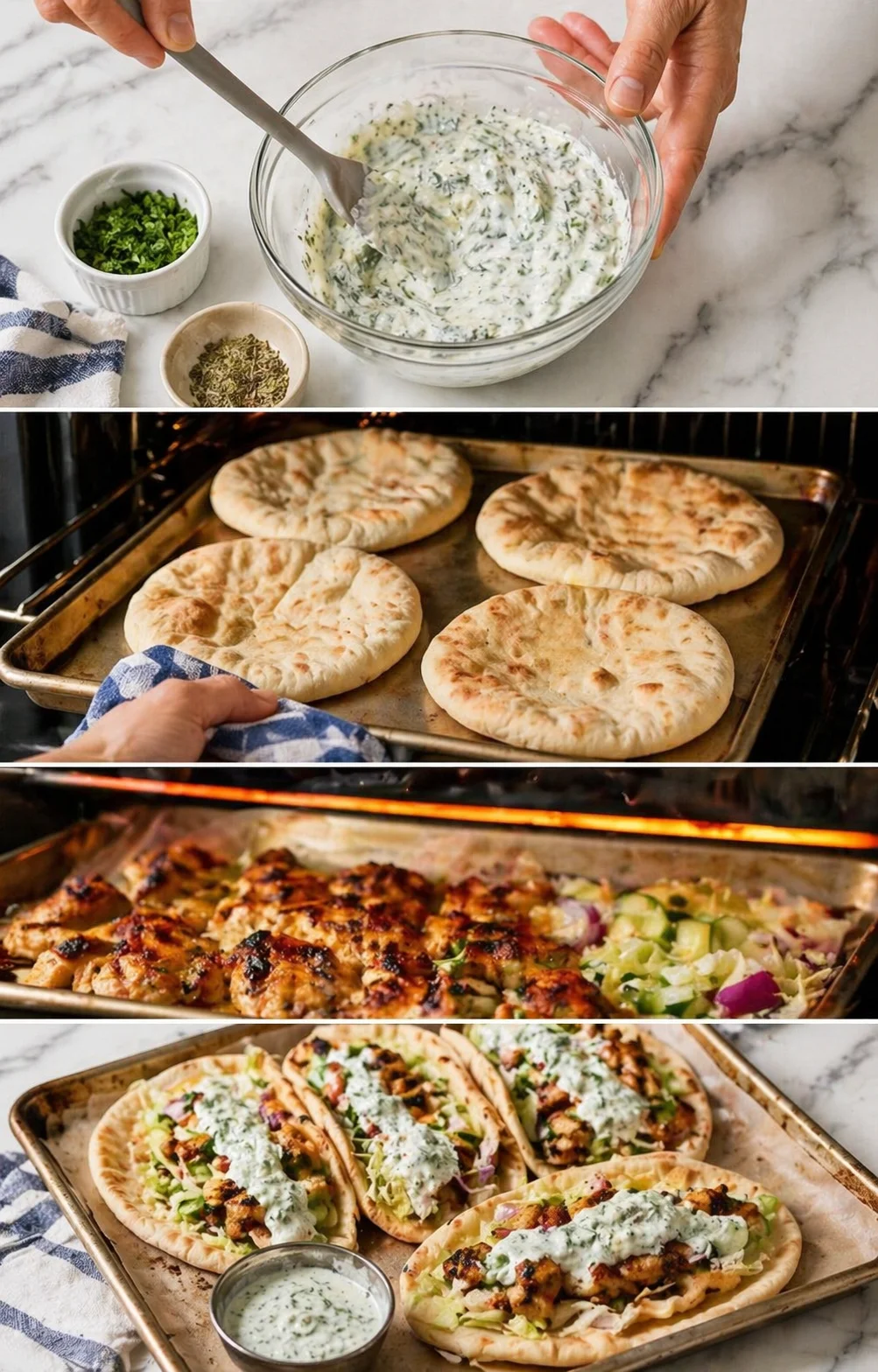 Four-panel collage showing tzatziki sauce being stirred, baking pita rounds, roasted chicken, and assembled gyros
