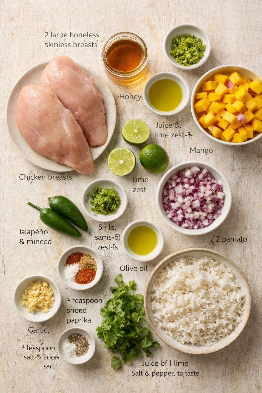 Overhead layout of raw chicken breasts with mango, jalapeño, lime, rice, and herbs labeled.
