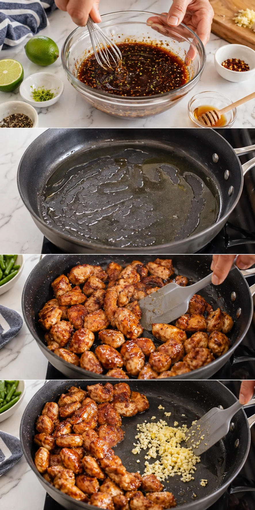 Hands whisk a glossy honey-soy glaze in a glass bowl, with limes and spices nearby.