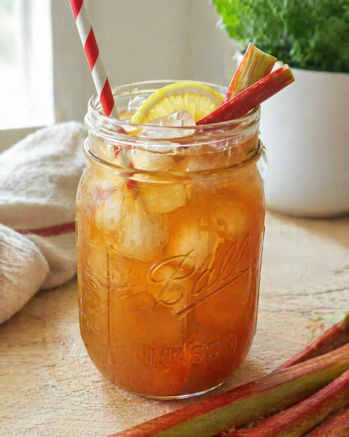 Mason jar iced tea with lemon slice, ice cubes, and rhubarb garnishes on a rustic wooden surface.