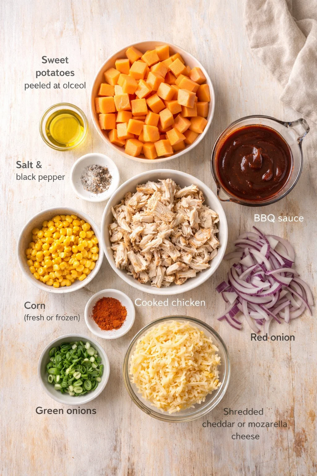 Top-down view of organized bowls with sweet potatoes, corn, shredded chicken, onions, cheese, and BBQ sauce.