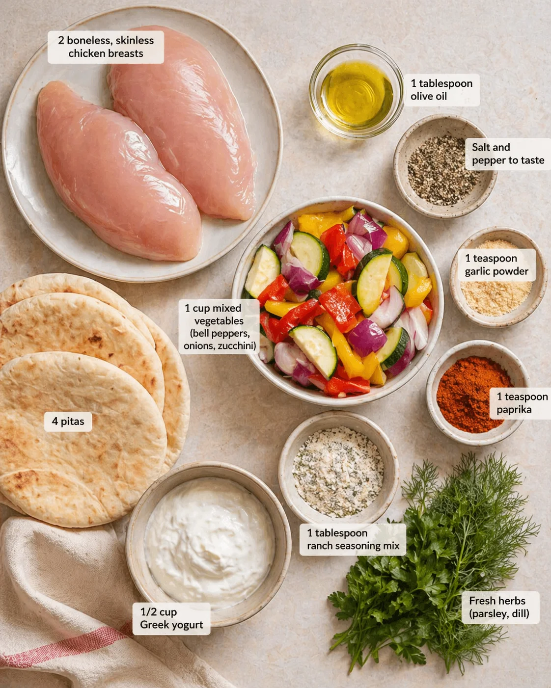 Top-down flatlay of raw chicken breasts, colorful vegetables, pita rounds, yogurt, oil, spices, and fresh herbs