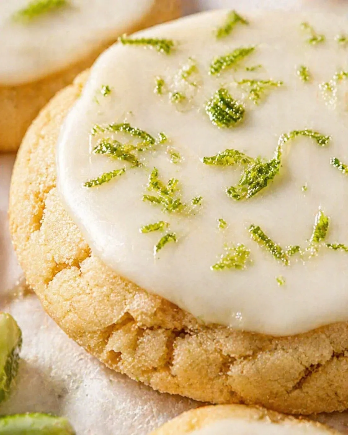 Close-up of soft, chewy key lime cookies topped with shiny lime glaze and zest