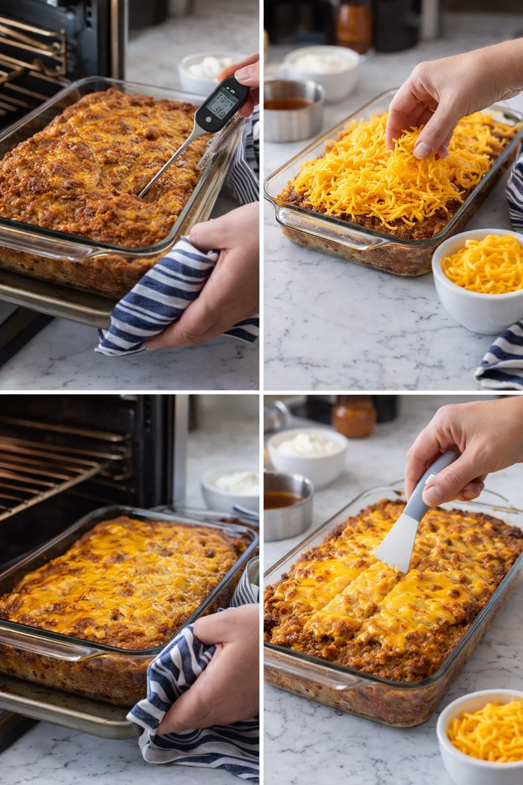 Four-panel collage of meat lasagna being assembled: thermometer, shredded cheese, oven-baked layers, and spatula smoothing.