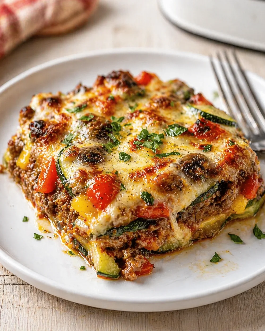 Slice of layered lasagna with beef, cheese, and colorful peppers on a white plate.