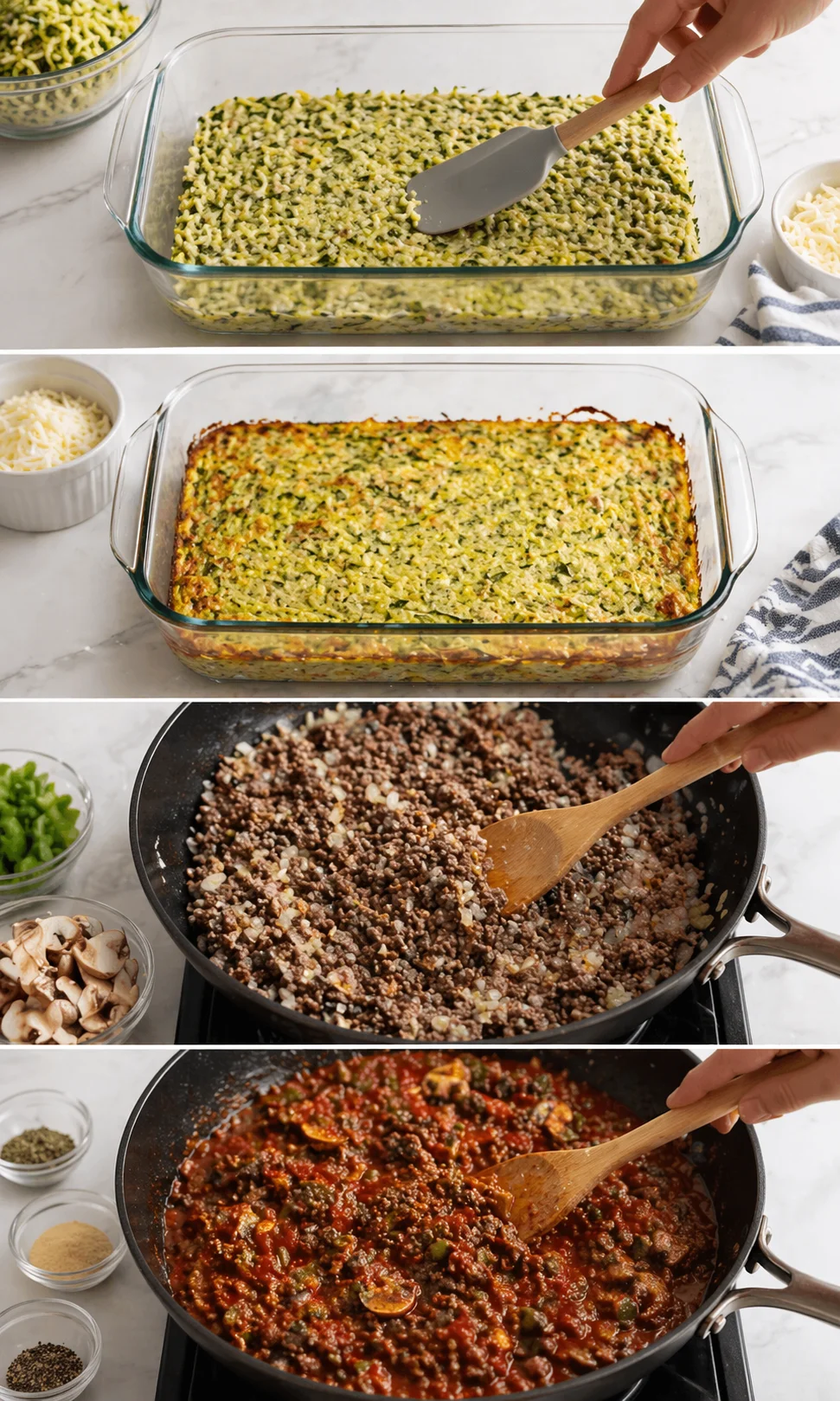 four-panel collage of a green vegetable casserole being assembled, baked, and finished.