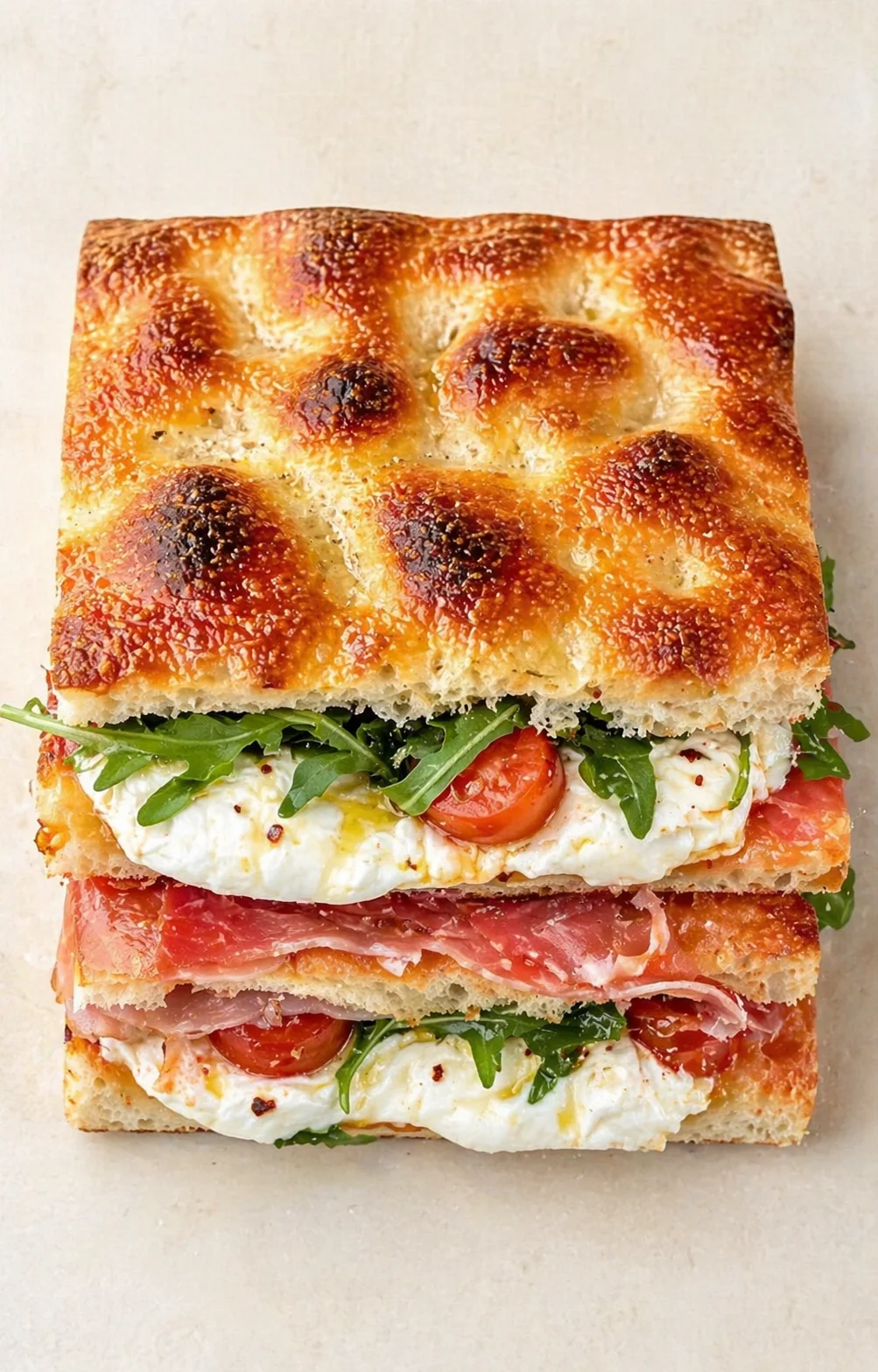 Close-up of a square focaccia sandwich filled with mozzarella, arugula, tomato, and prosciutto.