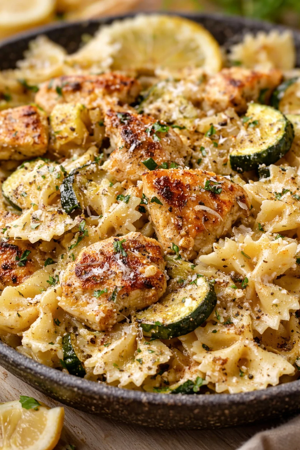 close-up of pan skillet pasta with chicken, zucchini, lemon, and parmesan