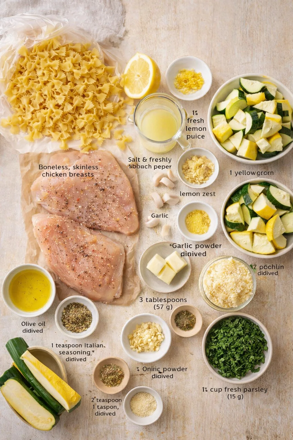 Flat lay of chicken, pasta, and fresh vegetables arranged for lemon-garlic chicken on a light wooden surface