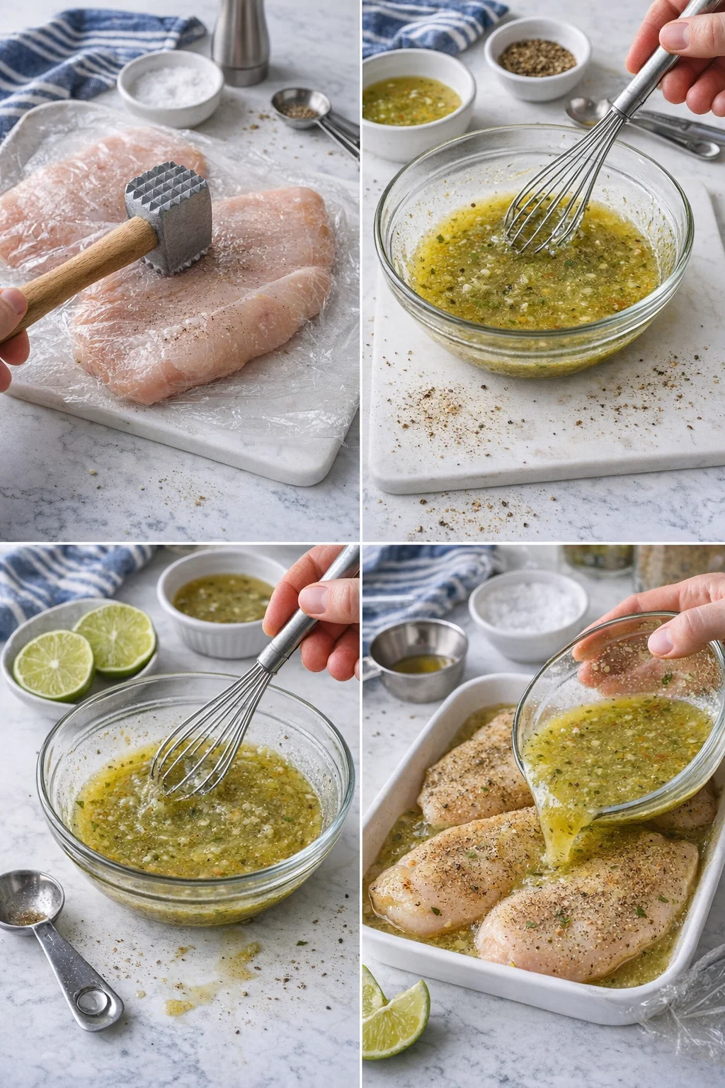 Collage of chicken being pounded, lemon-herb marinade being whisked, and marinade poured over chicken.