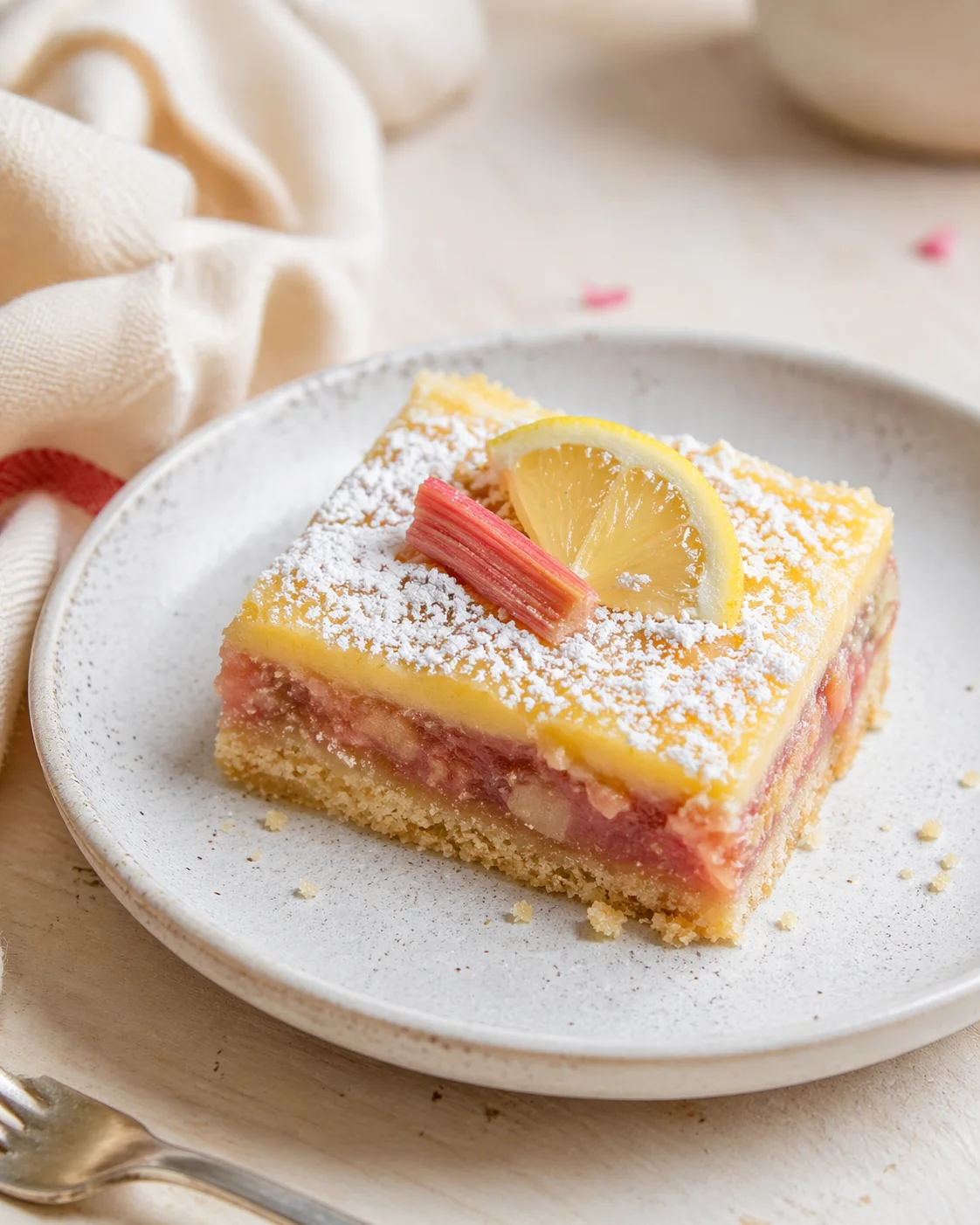 Square lemon-dessert bar with crust, lemon curd, raspberry layer, dusted with powdered sugar on a gray plate.