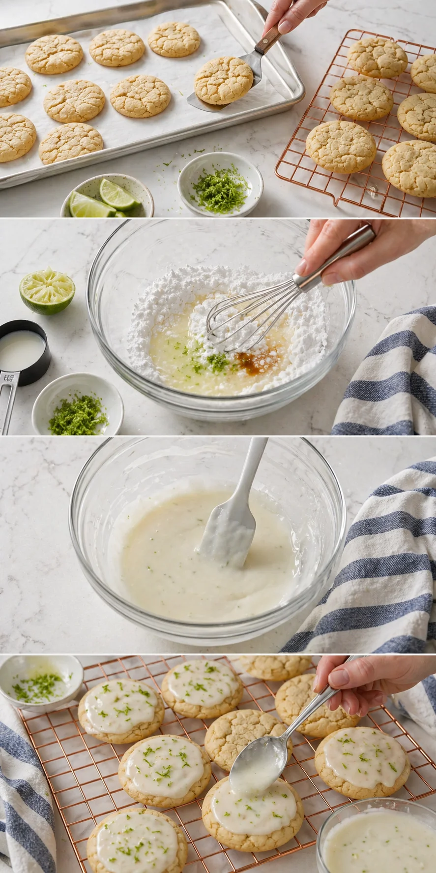 A collage of lime-glazed sugar cookies: baking sheet, cooling rack, and whisked batter.