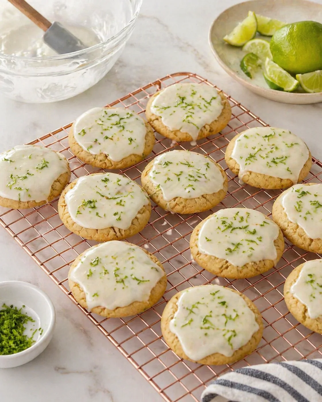 Row of lime-glazed sugar cookies cooling on a copper rack with lime wedges nearby.