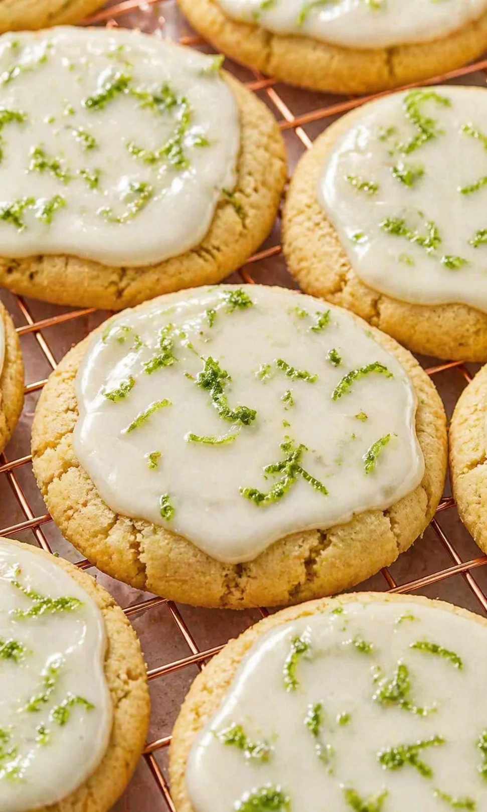 close-up of round sugar cookies with white lime glaze and green lime zest on copper rack