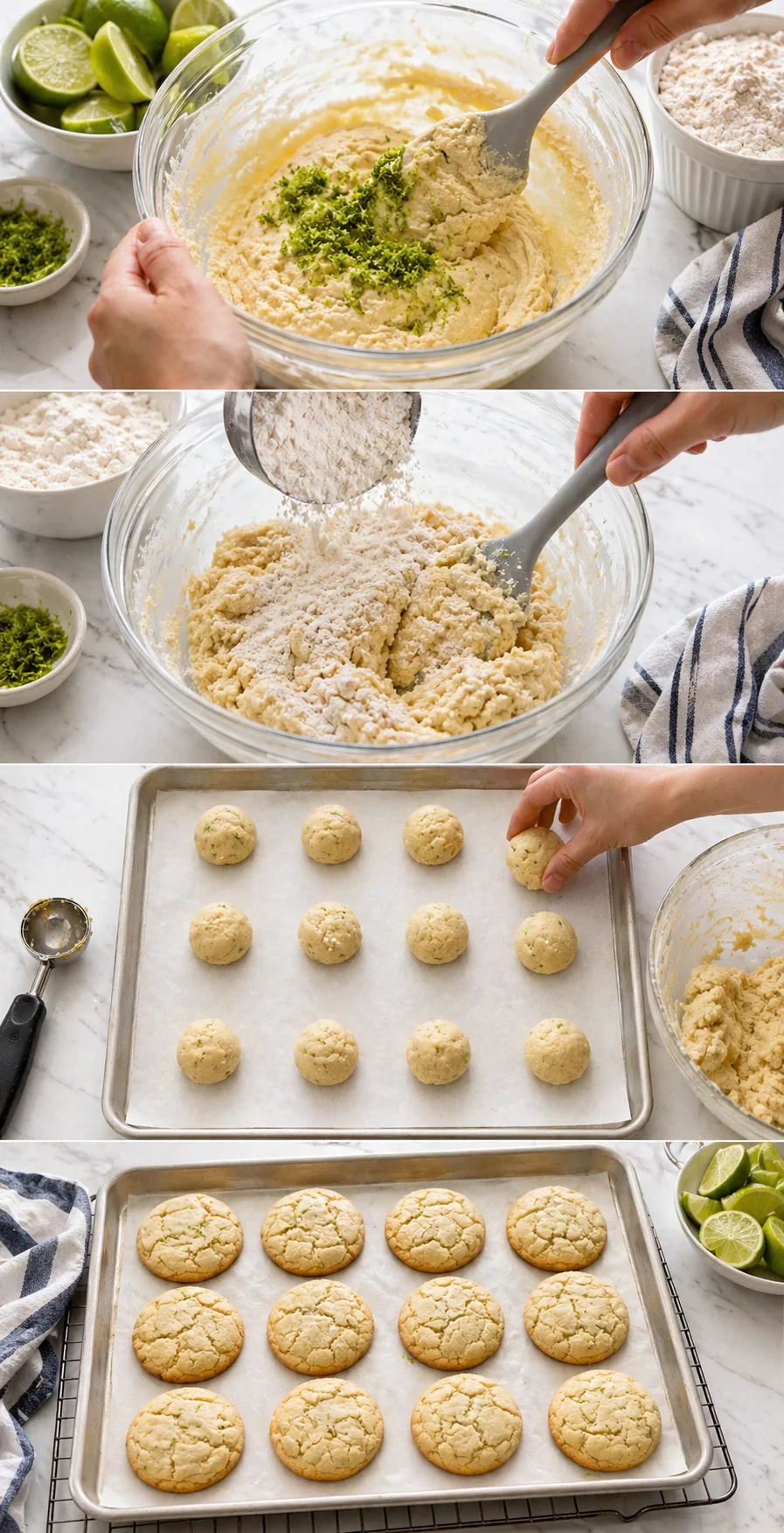 Four-panel collage showing lime zest mixed into batter, dough formed into balls, and cookies baked.