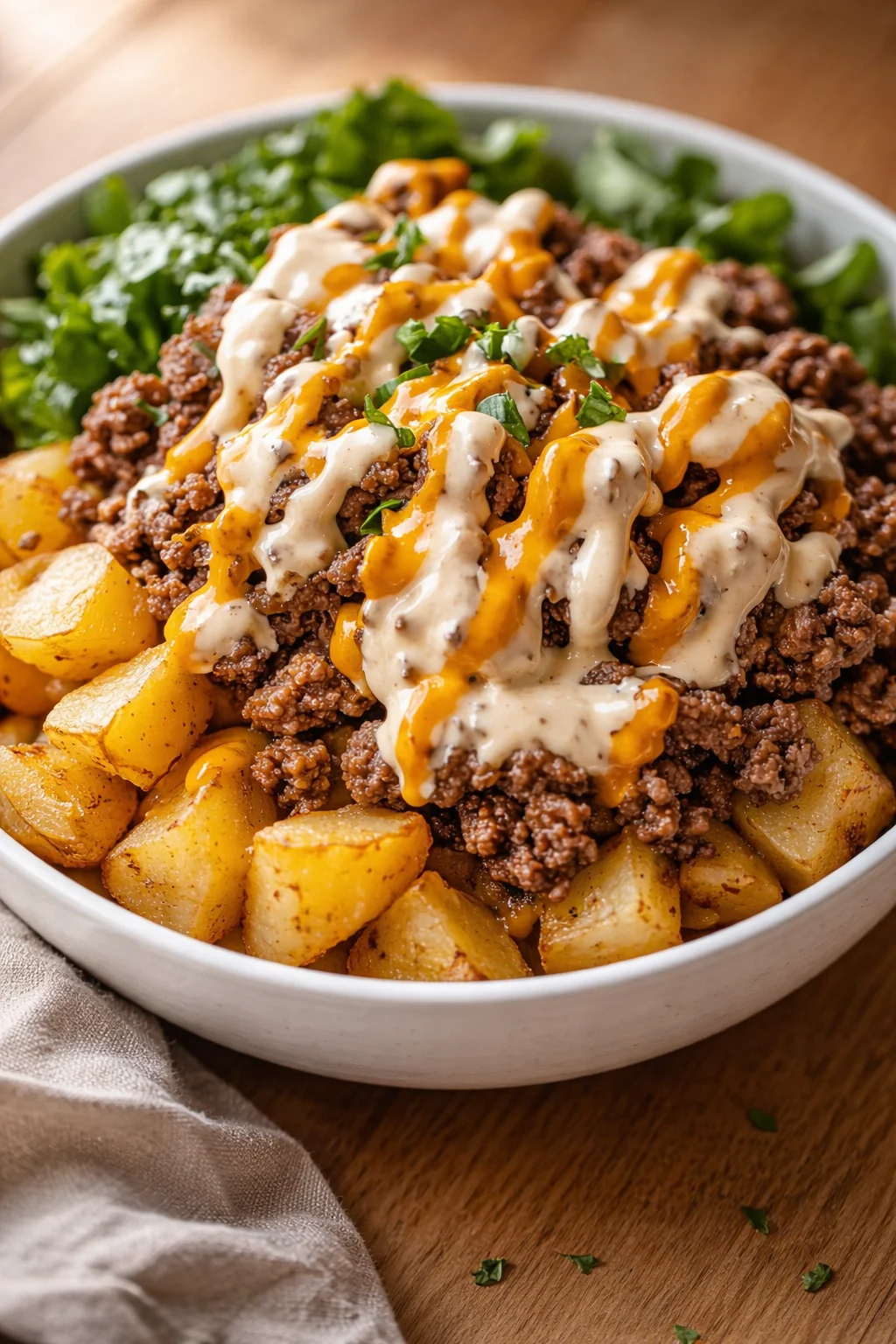 Bowl of roasted potato chunks topped with seasoned ground beef, creamy white and orange sauces, and greens.