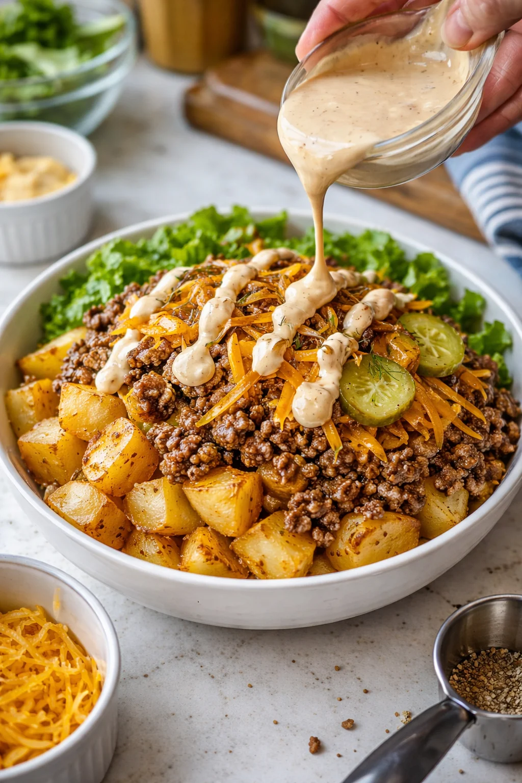 White bowl with roasted potatoes and beef topped with cheese, drizzled with creamy sauce.