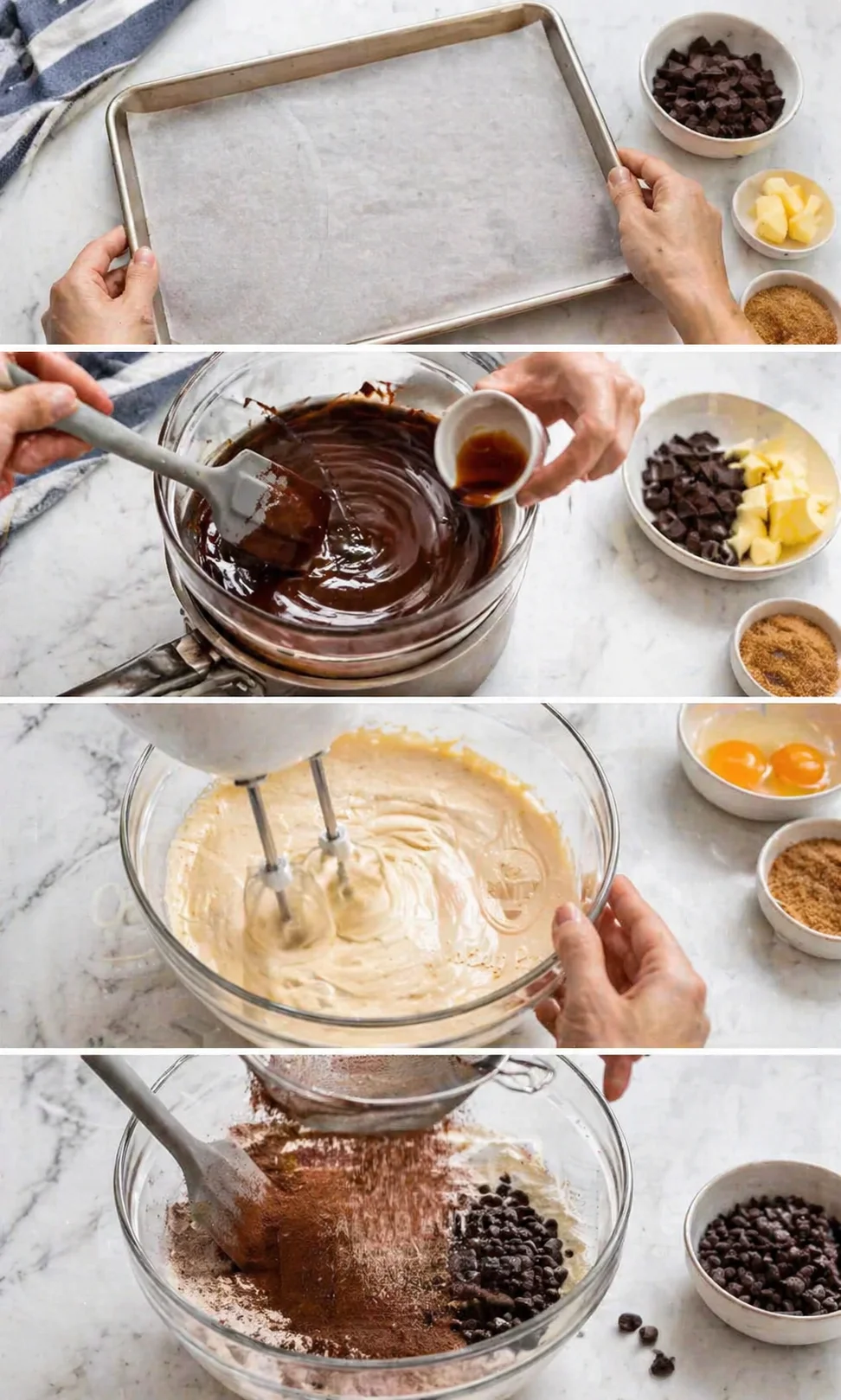 four-panel cooking sequence: sheet tray, melted chocolate, creamy batter, cocoa dusting