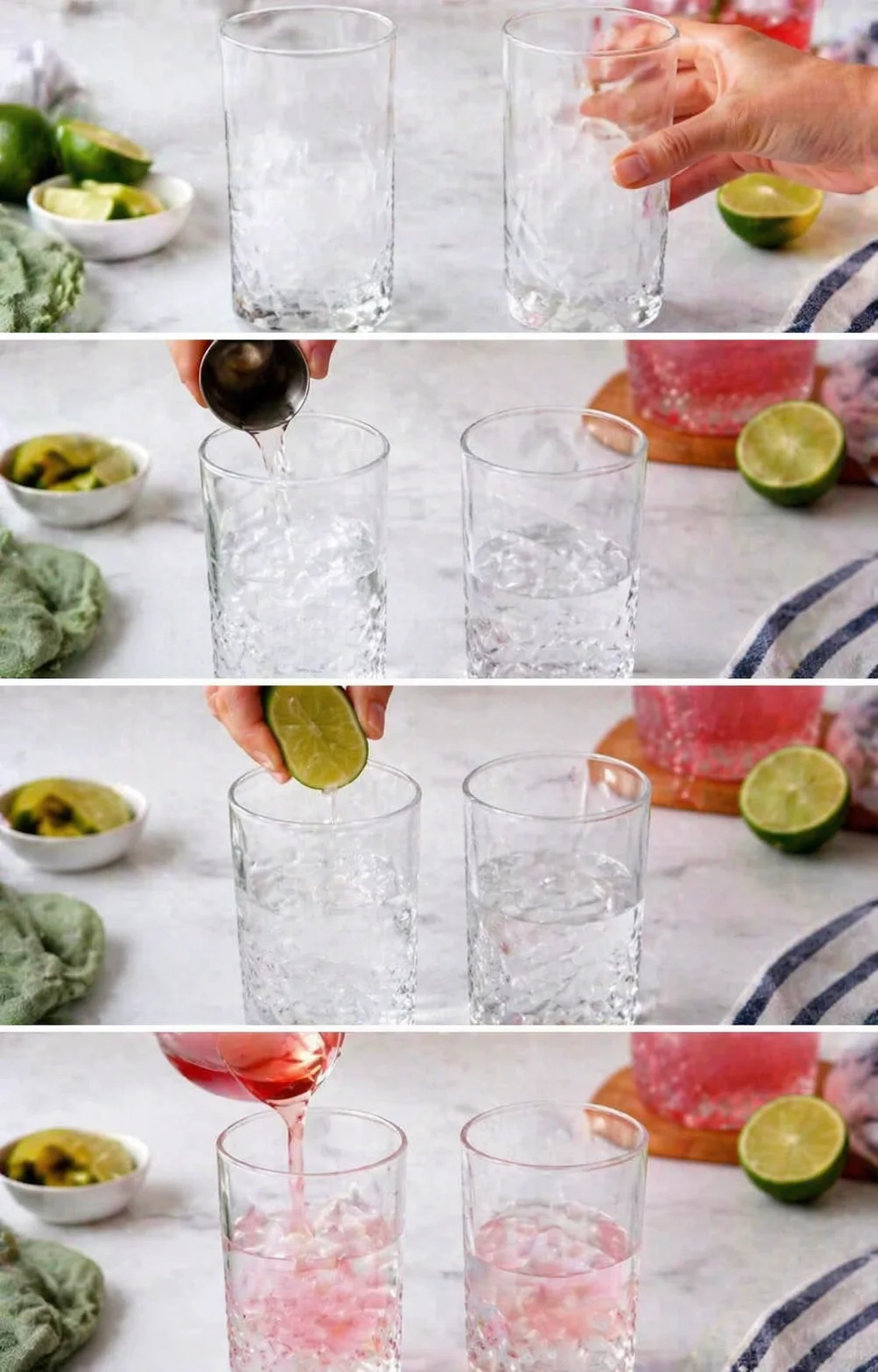 four-panel collage showing hands making a citrus cocktail with ice-filled highball glasses.
