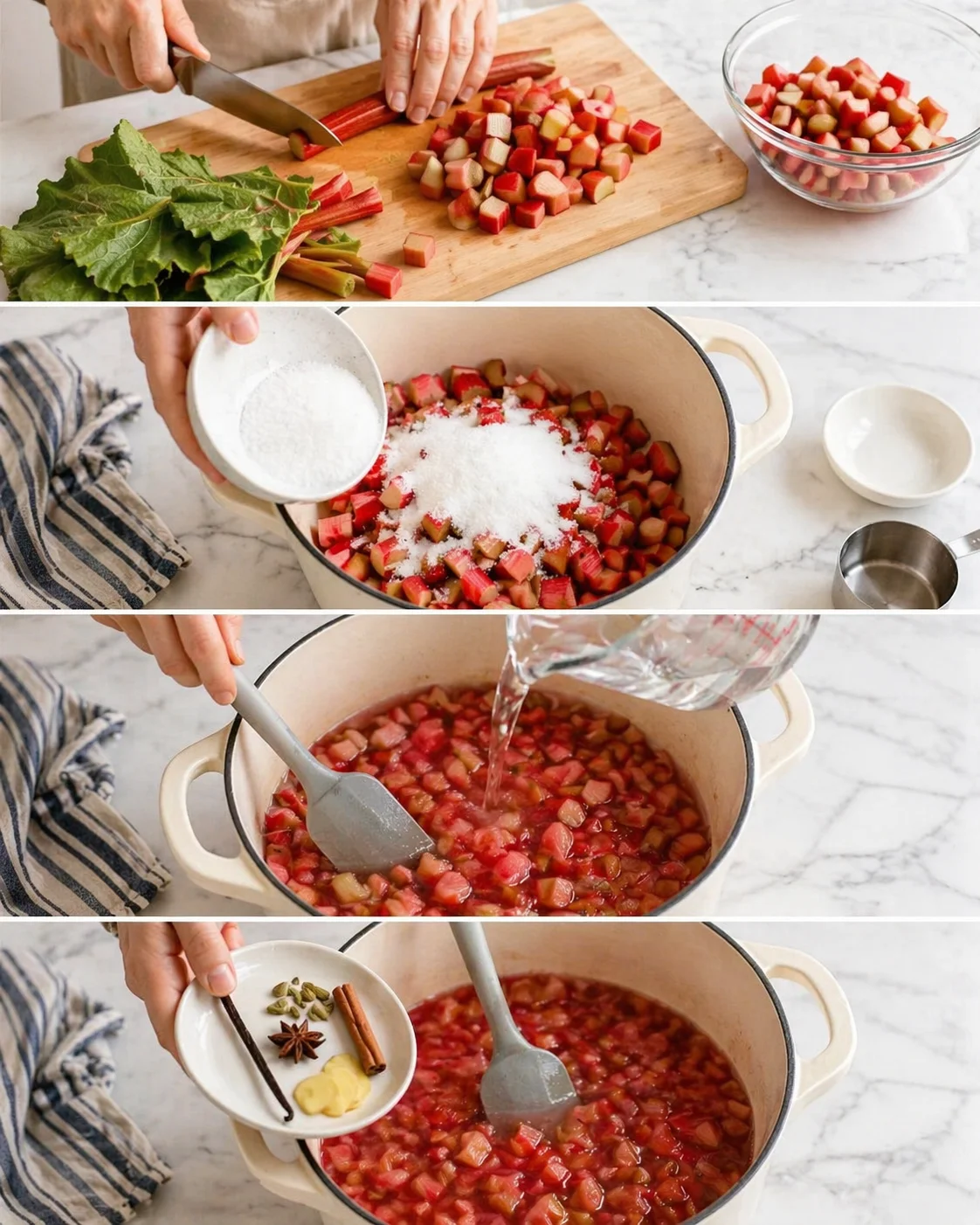 Four-panel collage showing chopping rhubarb, adding sugar and water, and spicing a simmering rhubarb mixture.