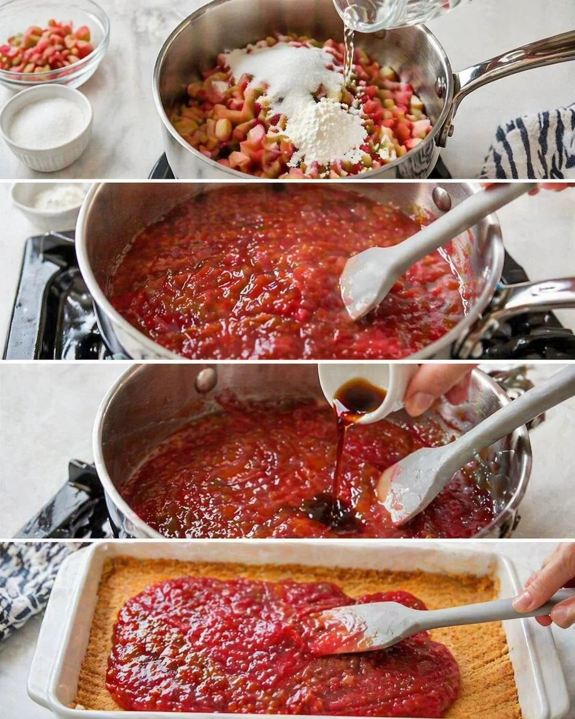 four-panel collage of rhubarb pieces with sugar, bubbling jam, and jam spread over crust