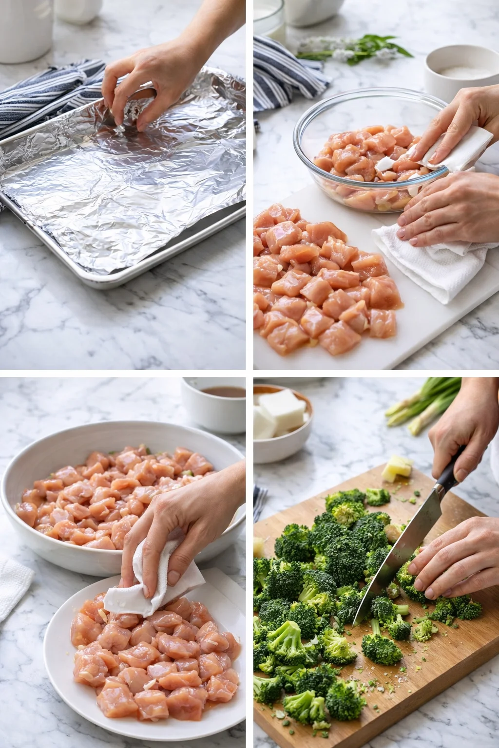 Collage of chicken prep and broccoli: foil-lined pan, diced chicken in bowl, hands wiping, chopped broccoli on board.