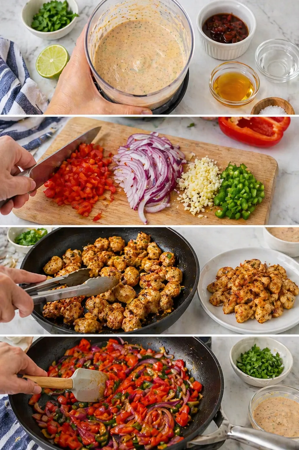 collage of kitchen steps showing blender sauce, chopped vegetables, browned meatballs, and sautéed peppers