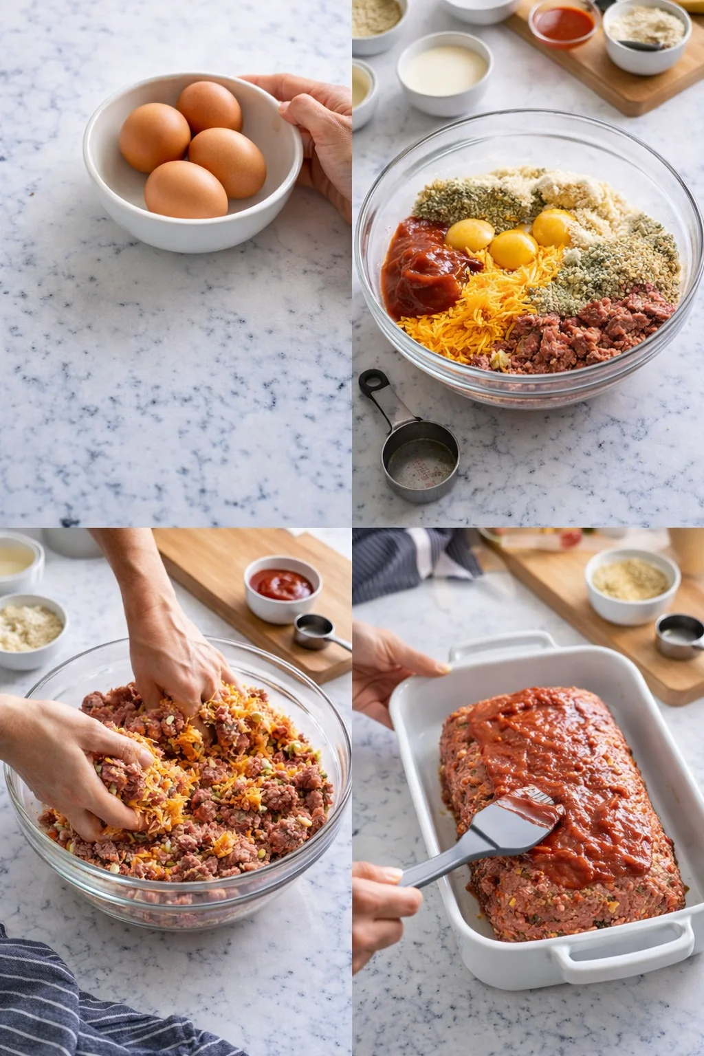 Collage of eggs, ingredient bowls, mixing hands, and a loaf pan with meatloaf and sauce.